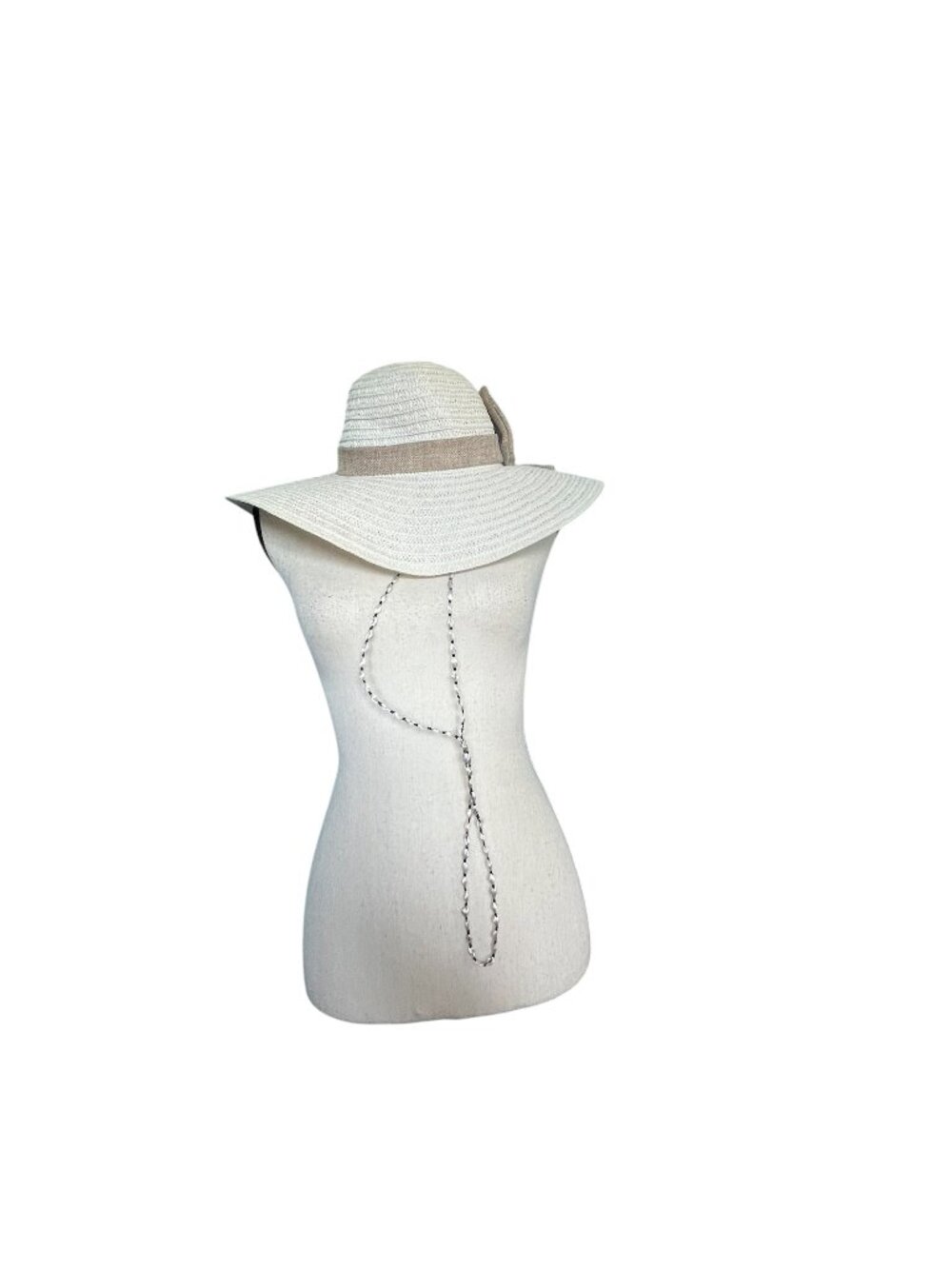 Women’s Ivory Wide Brim Straw Sun Hat Beige Bow Chin Strap Beach Floppy Hat Used